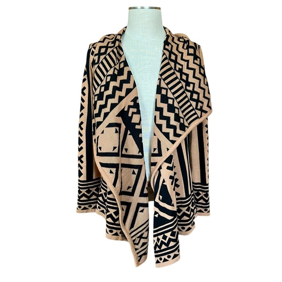 Bar III Small Black Brown Open Front Drape Cardigan Sweater Aztec Southwestern - Picture 2 of 7